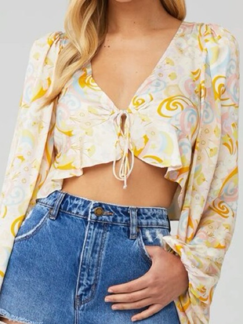 For Love And Lemons Pastel Swirl Tie-Front Crop Top - Cream, Yellow, Pink, Blue